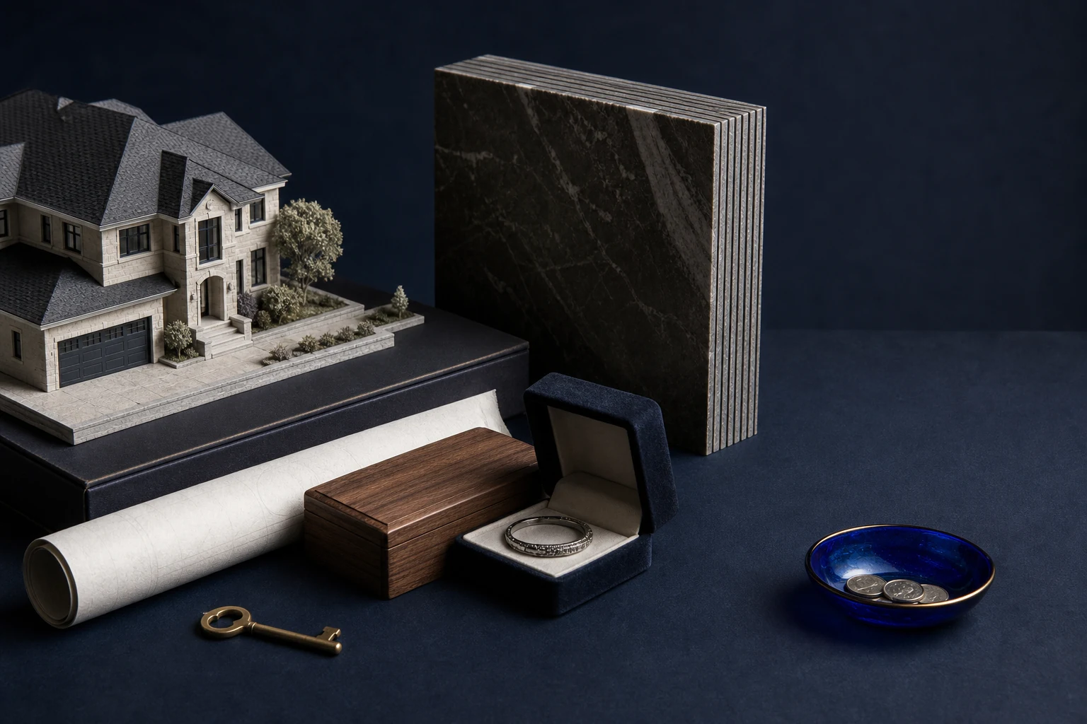 A model home, marble, and keepsakes arranged on navy