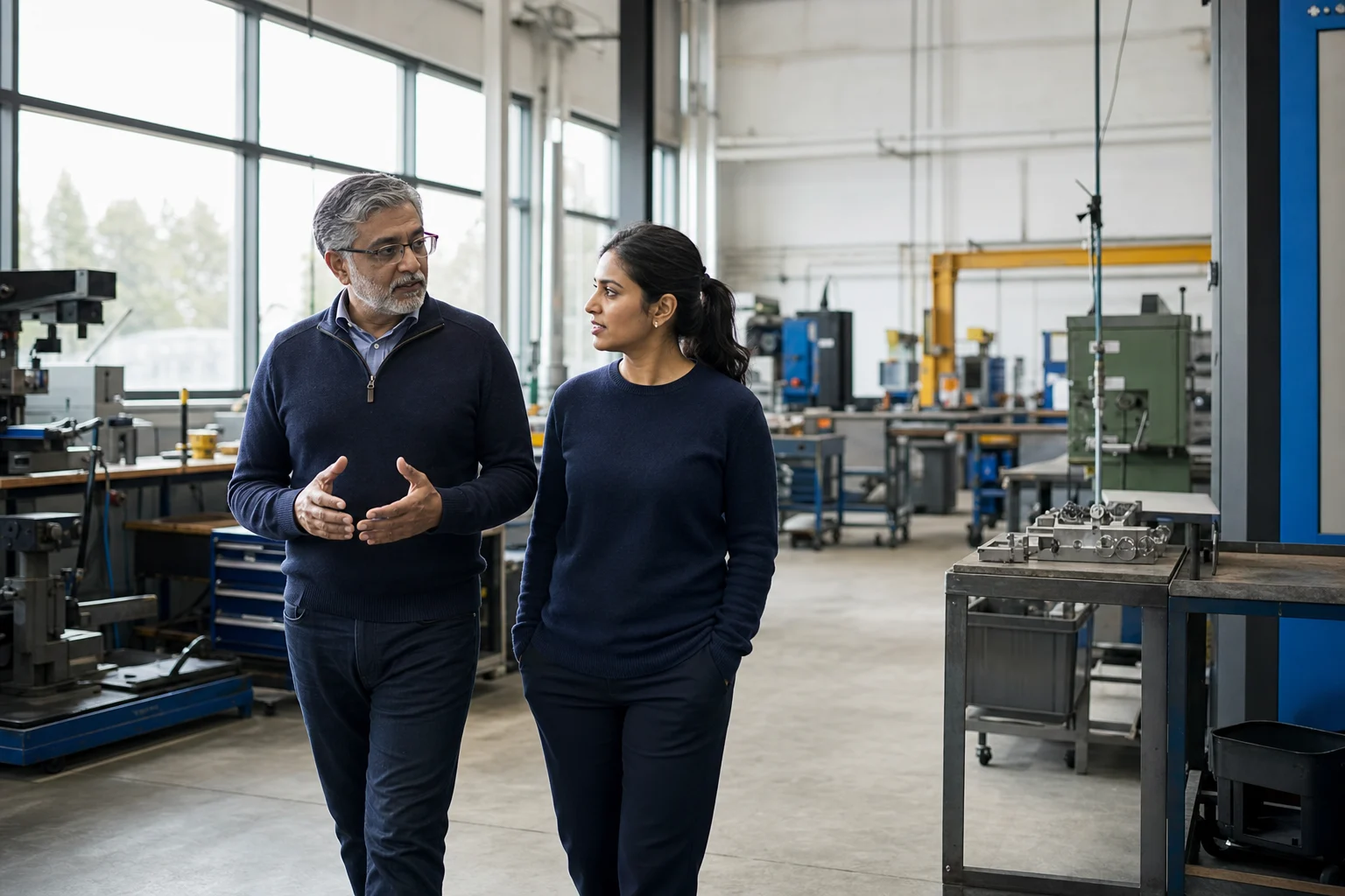 Two owners walking their shop floor