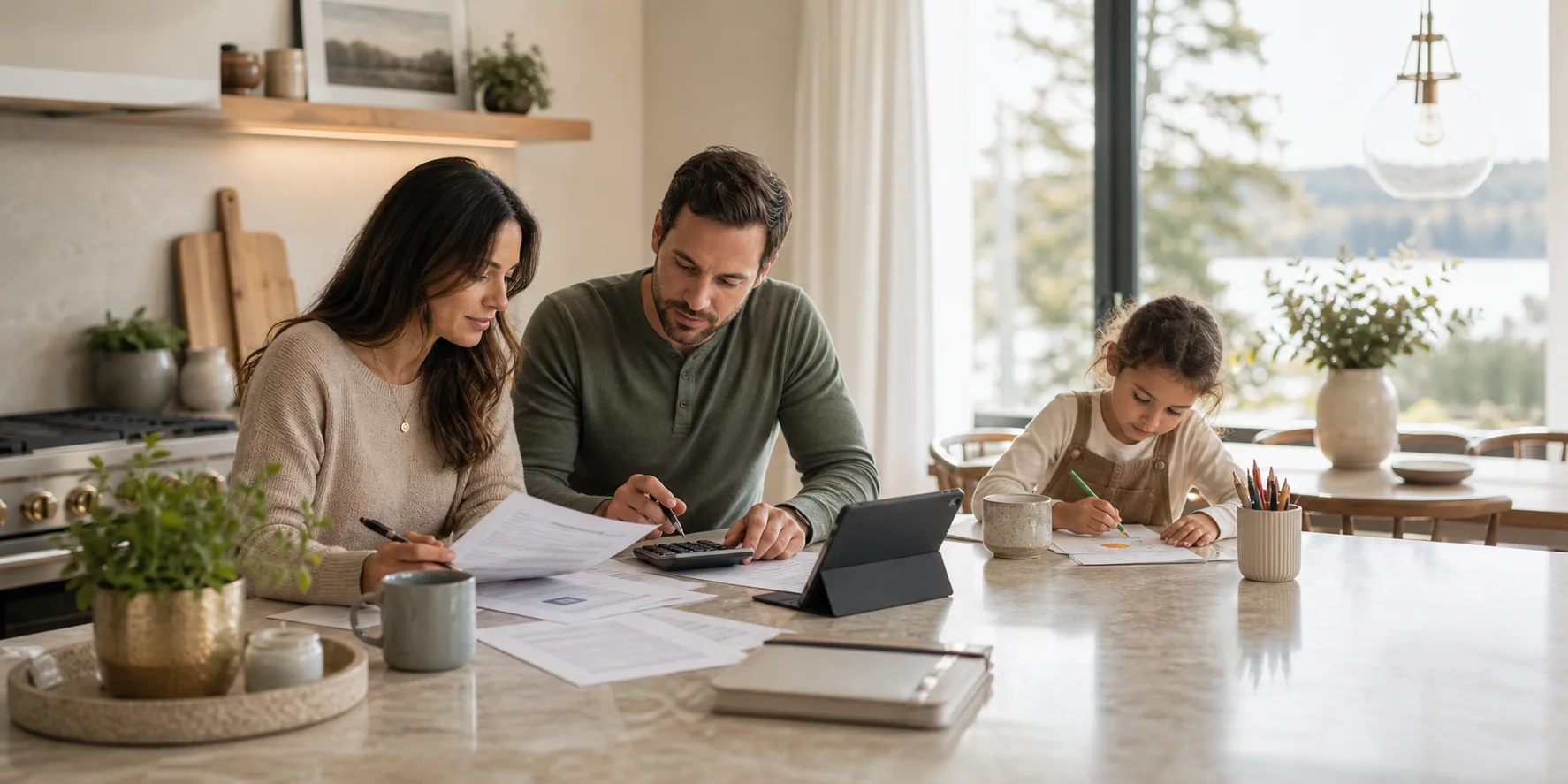 A young family working through their finances at the kitchen table