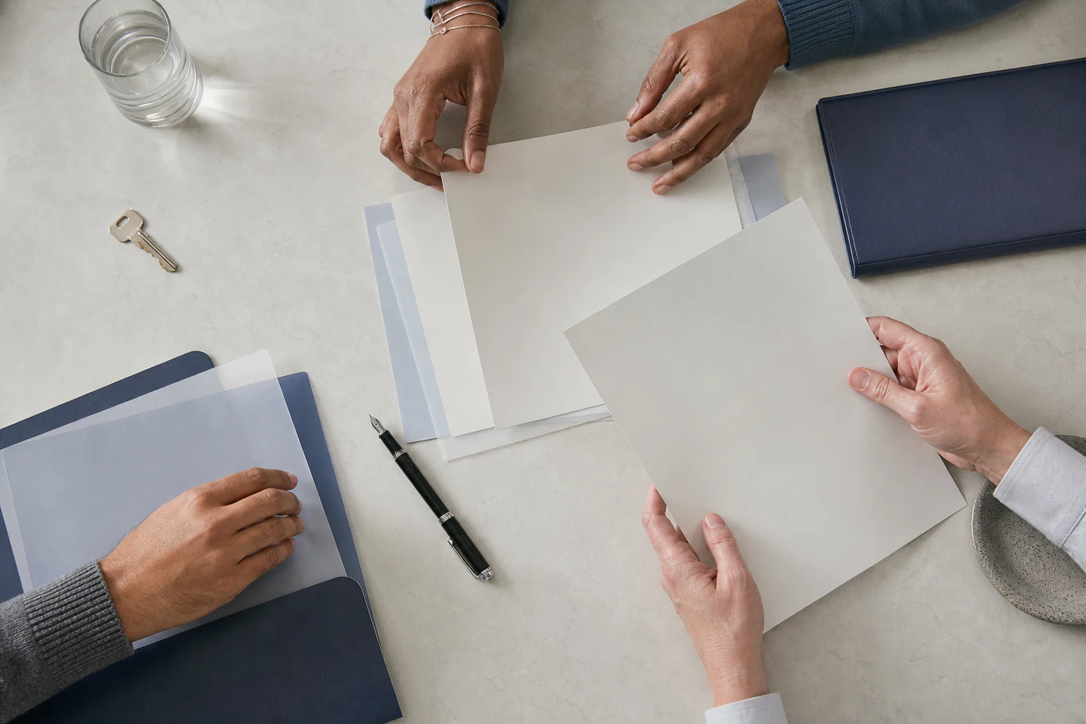 Documents changing hands across a planning desk