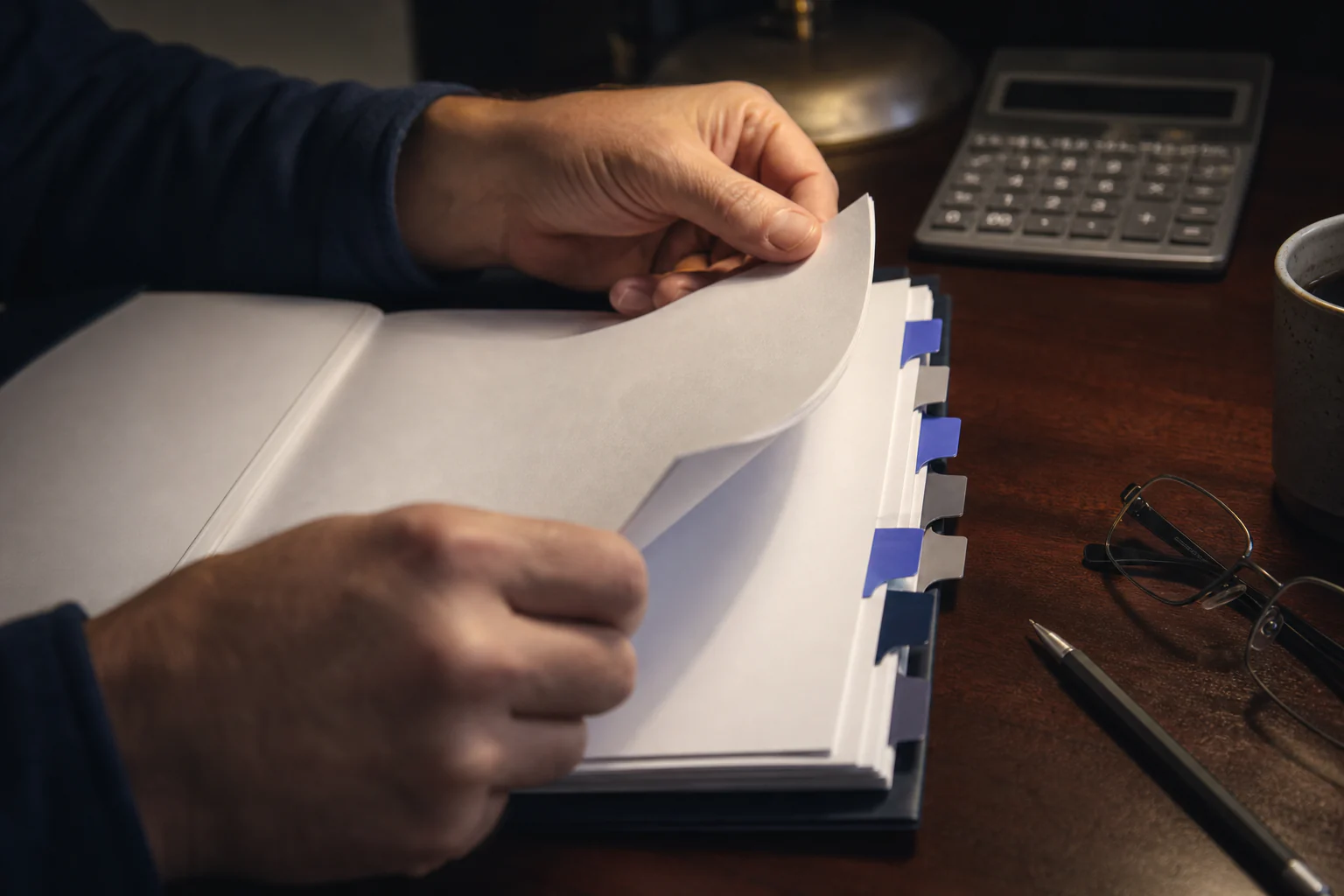 A tabbed policy binder open on a desk