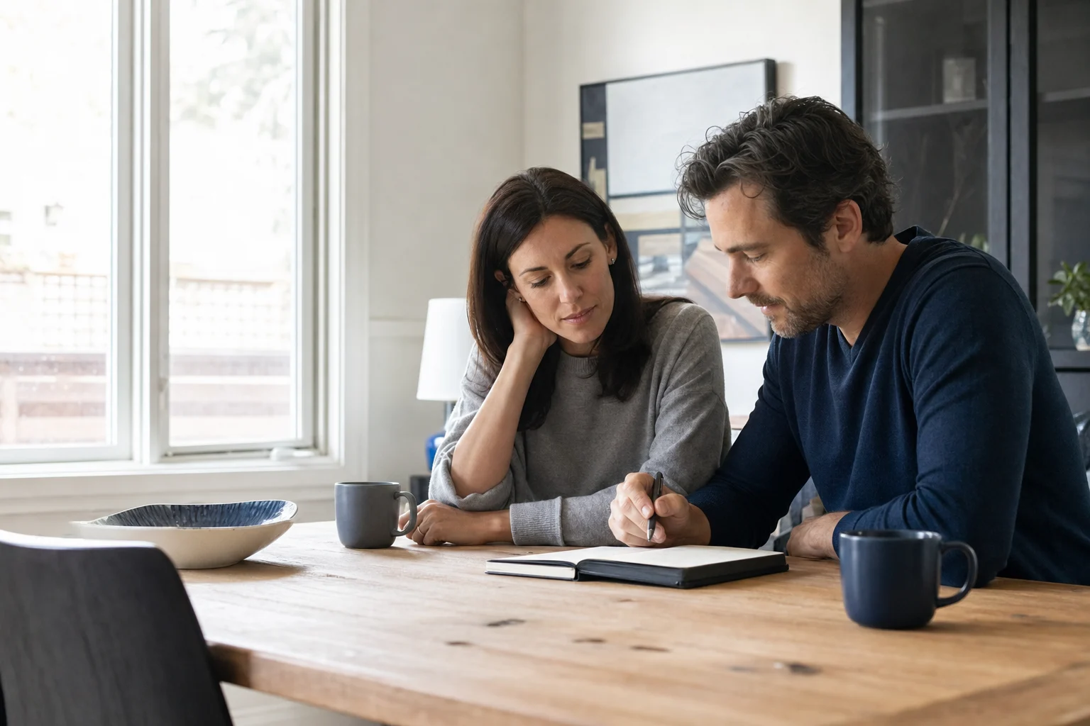 A couple working through their plan together at the dining table